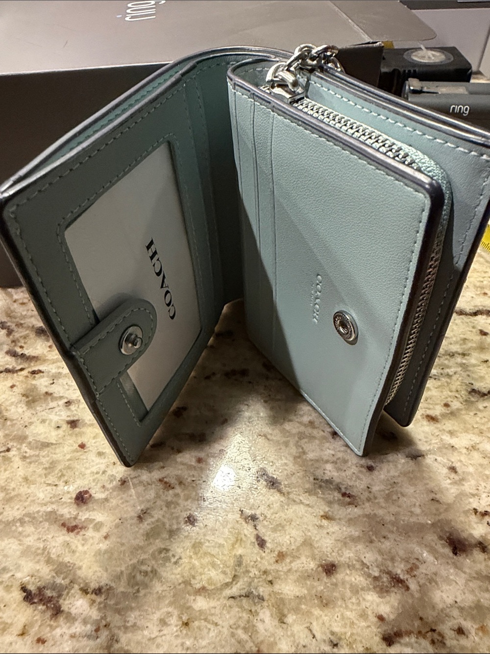 Coach Blue Floral Compact Wallet with Gold Logo - Picture 6 of 9